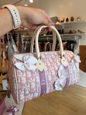 Dior Pink & Cream Floral Logo Satchel with Appliqué